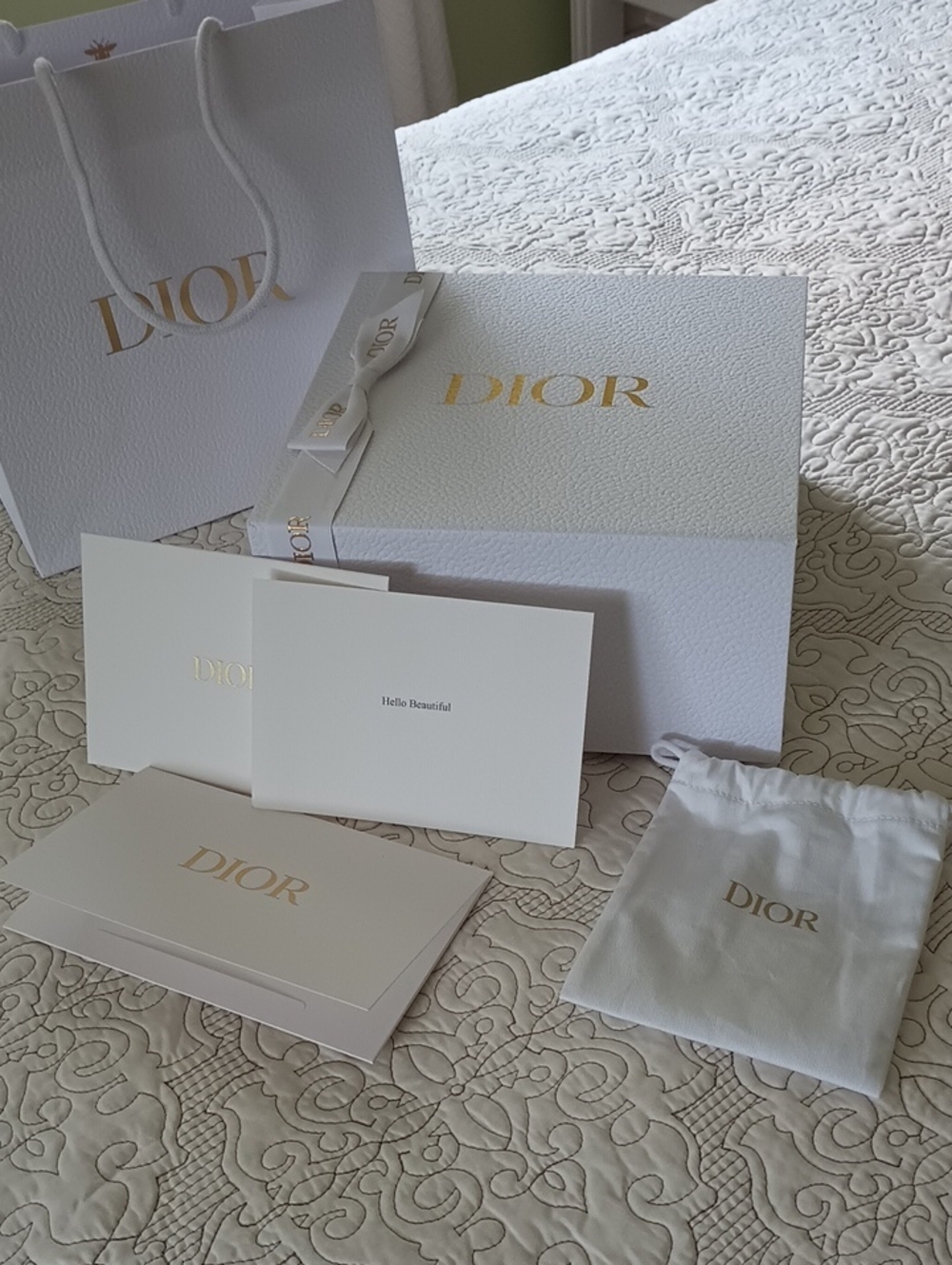 Dior White & Gold Logo Empty Box, Ribbon Hello Beautiful Card, Carry & Dust Bag